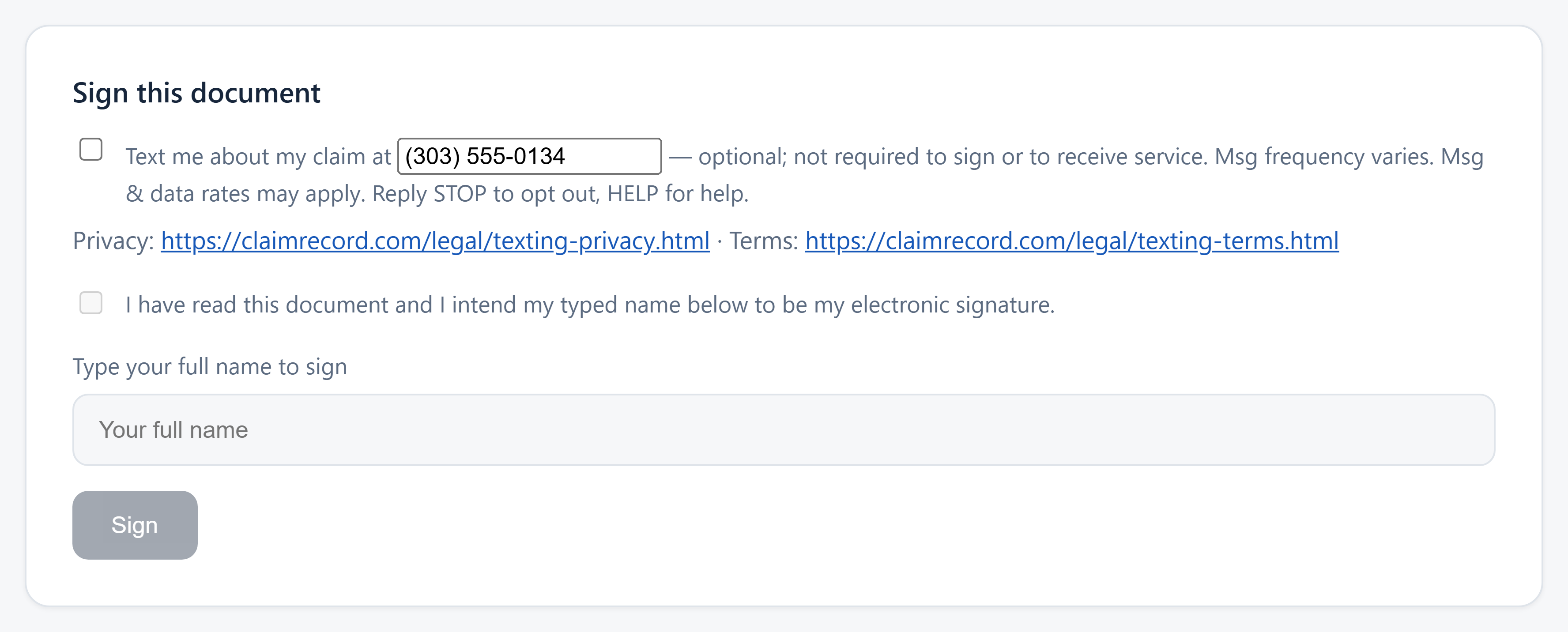The text-message consent box on the ClaimRecord signing page, unchecked, above the signature controls