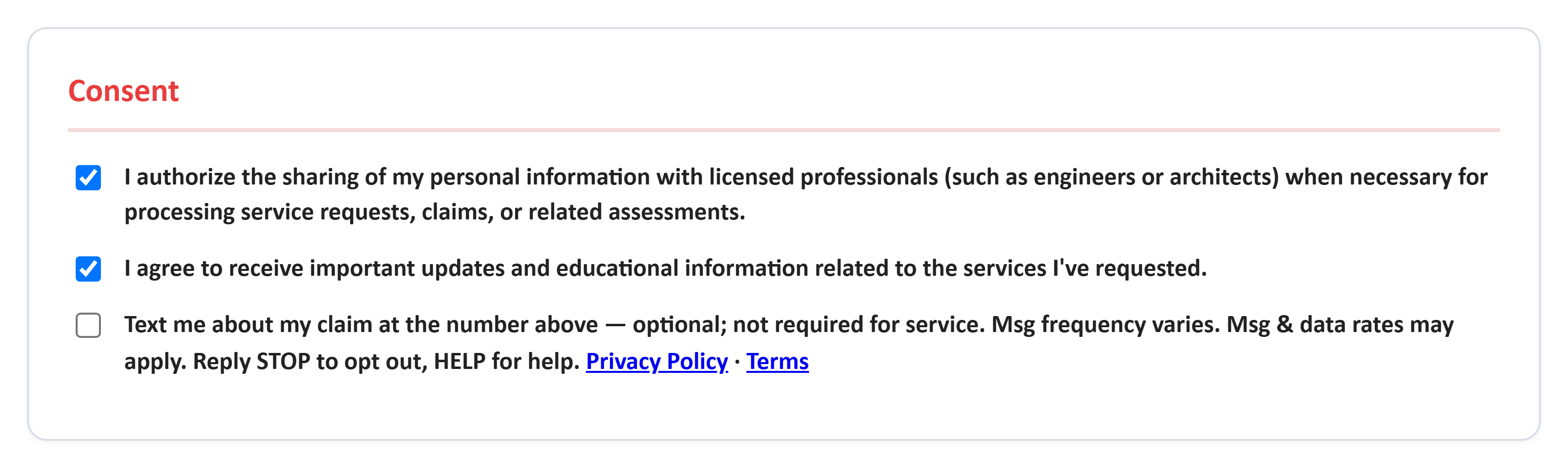 The Consent section of the Claim Animalz contact form, showing the unchecked text-message checkbox